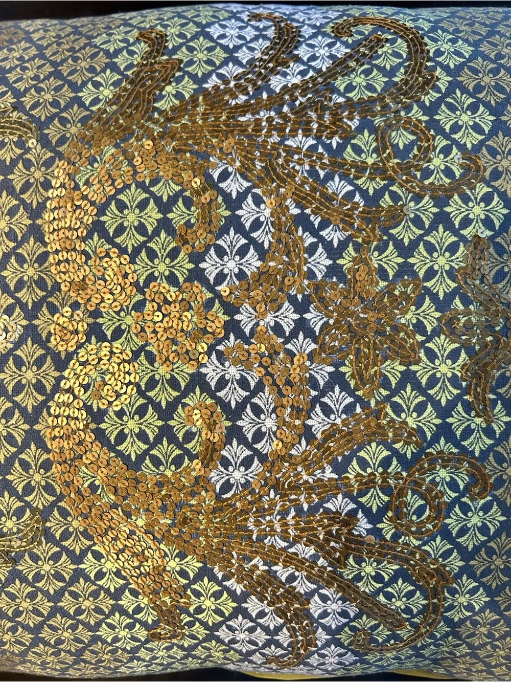 Anthropologie Gold, Blue, green Ornate Embroidered Accent Pillow 20x30.